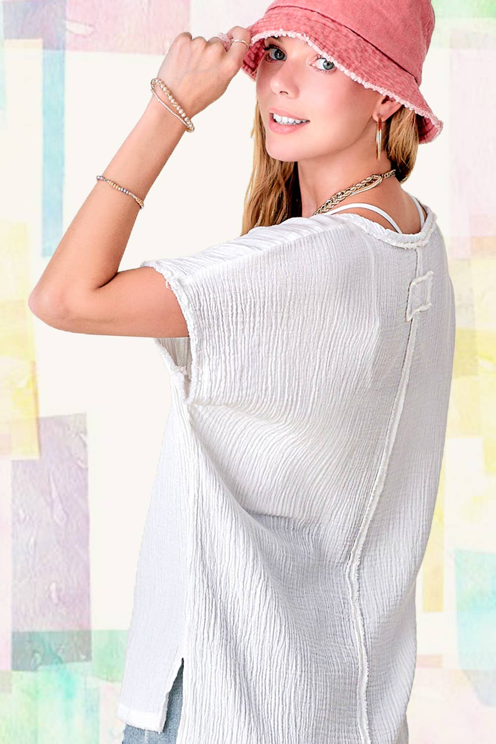 Loose Fit Gauze Fabric Short Sleeve Top HBT7624