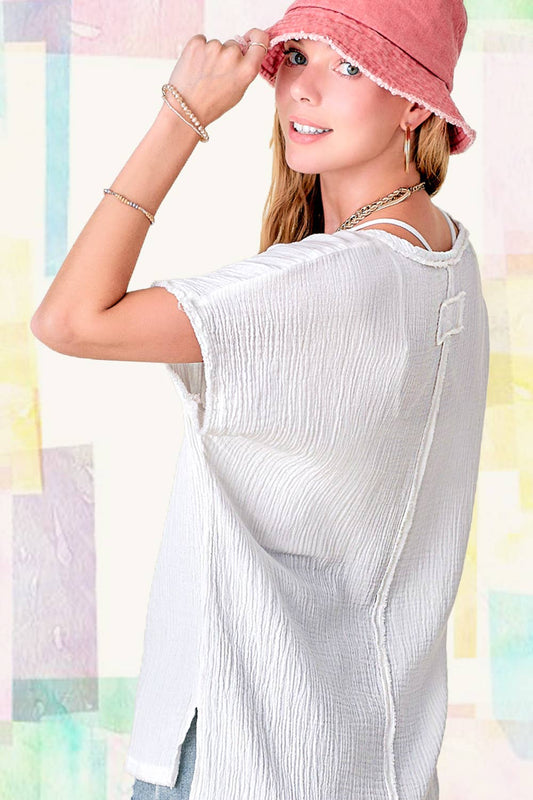 Loose Fit Gauze Fabric Short Sleeve Top HBT7624