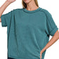 8451 Textured Line Short Cuff Sleeve Raw Edge Top