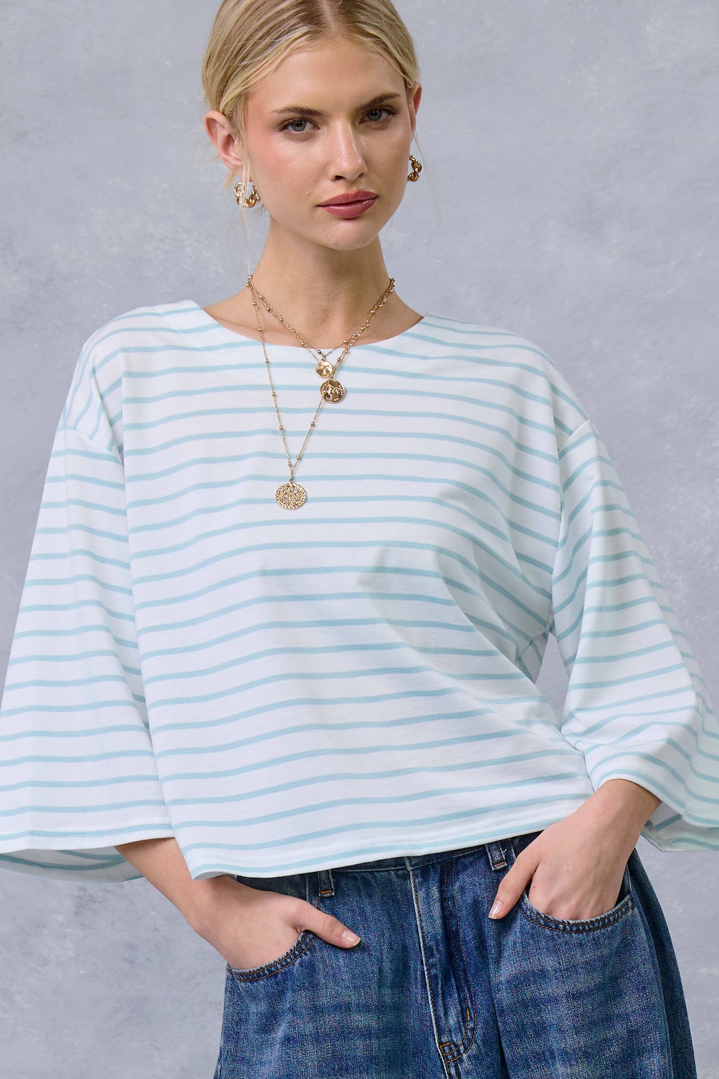 HDT7723-Striped Semi Crop Top women’s shirt with 3/4 Bell Sleeves