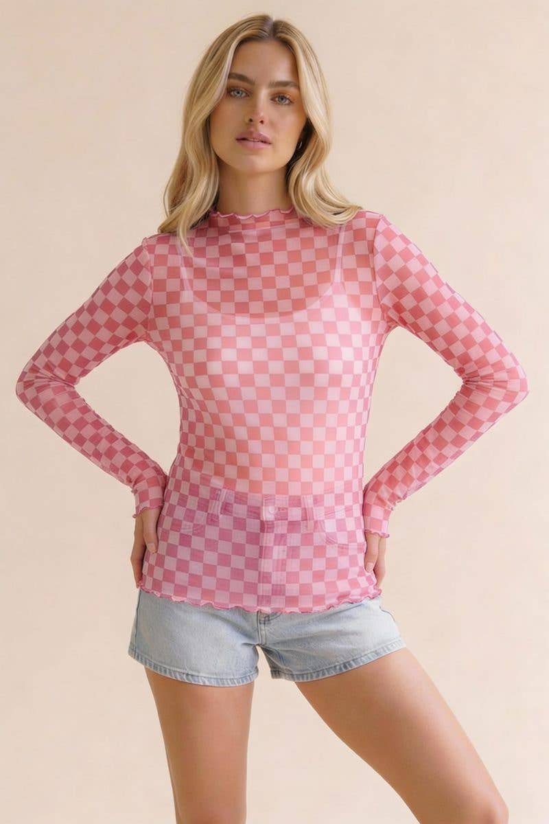 7127 High Neck Checker Mesh Semi Sheer Top HT7127F
