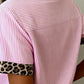 Shirts Women’s Leopard Trim Striped Button-Down Short Sleeve Shirt P-419