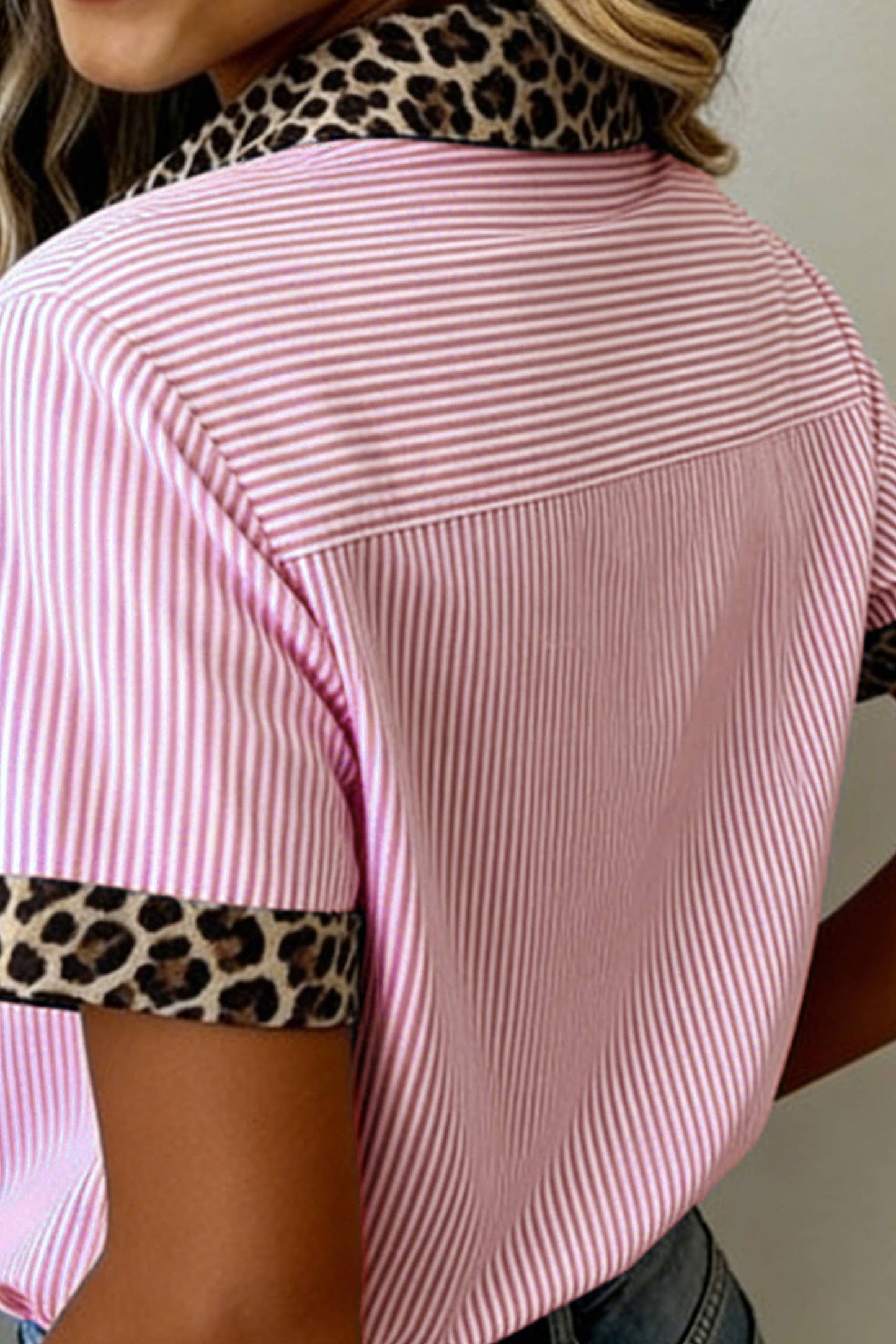 Shirts Women’s Leopard Trim Striped Button-Down Short Sleeve Shirt P-419