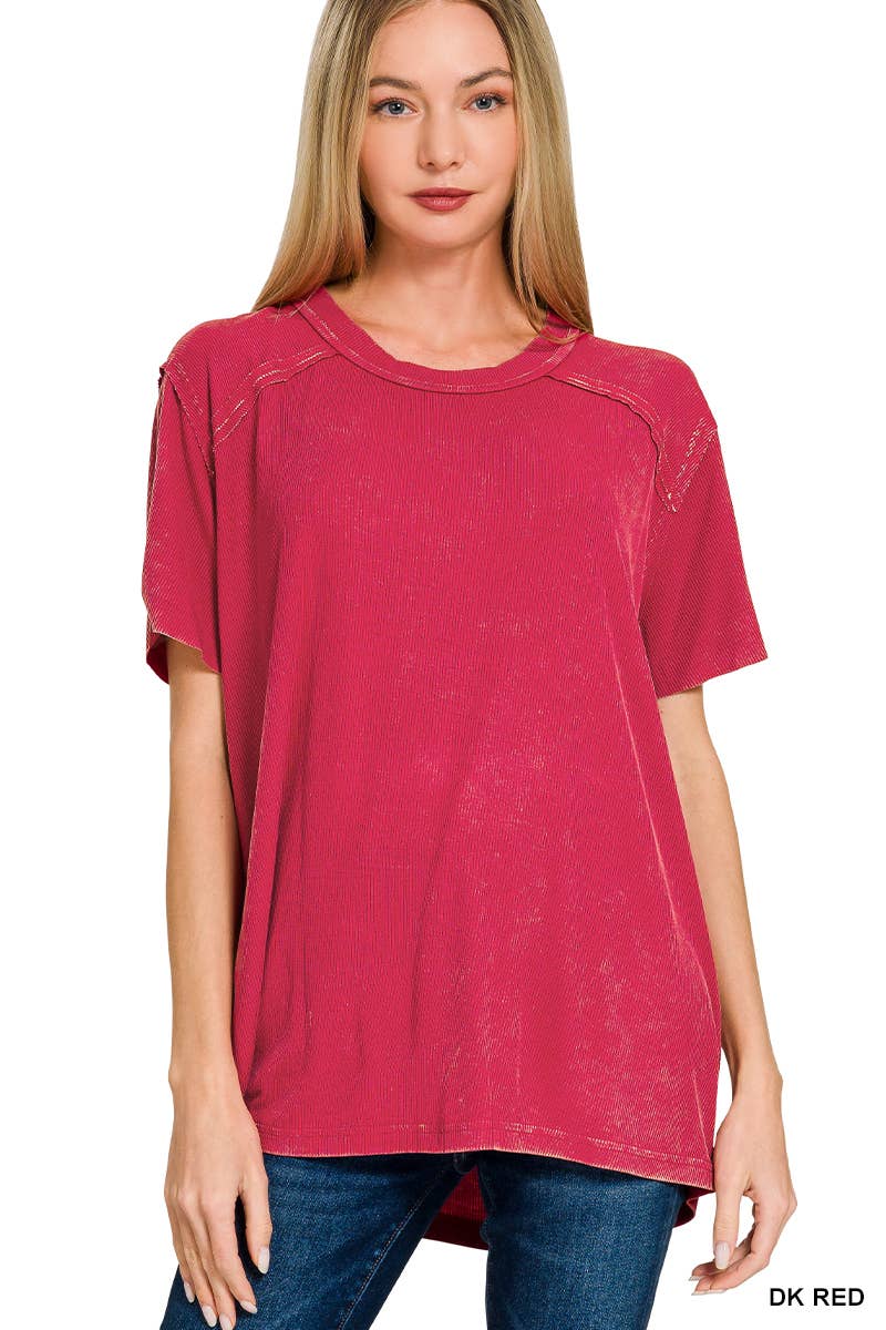Washed Ribbed Short Sleeve Boat-neck Top 8393a