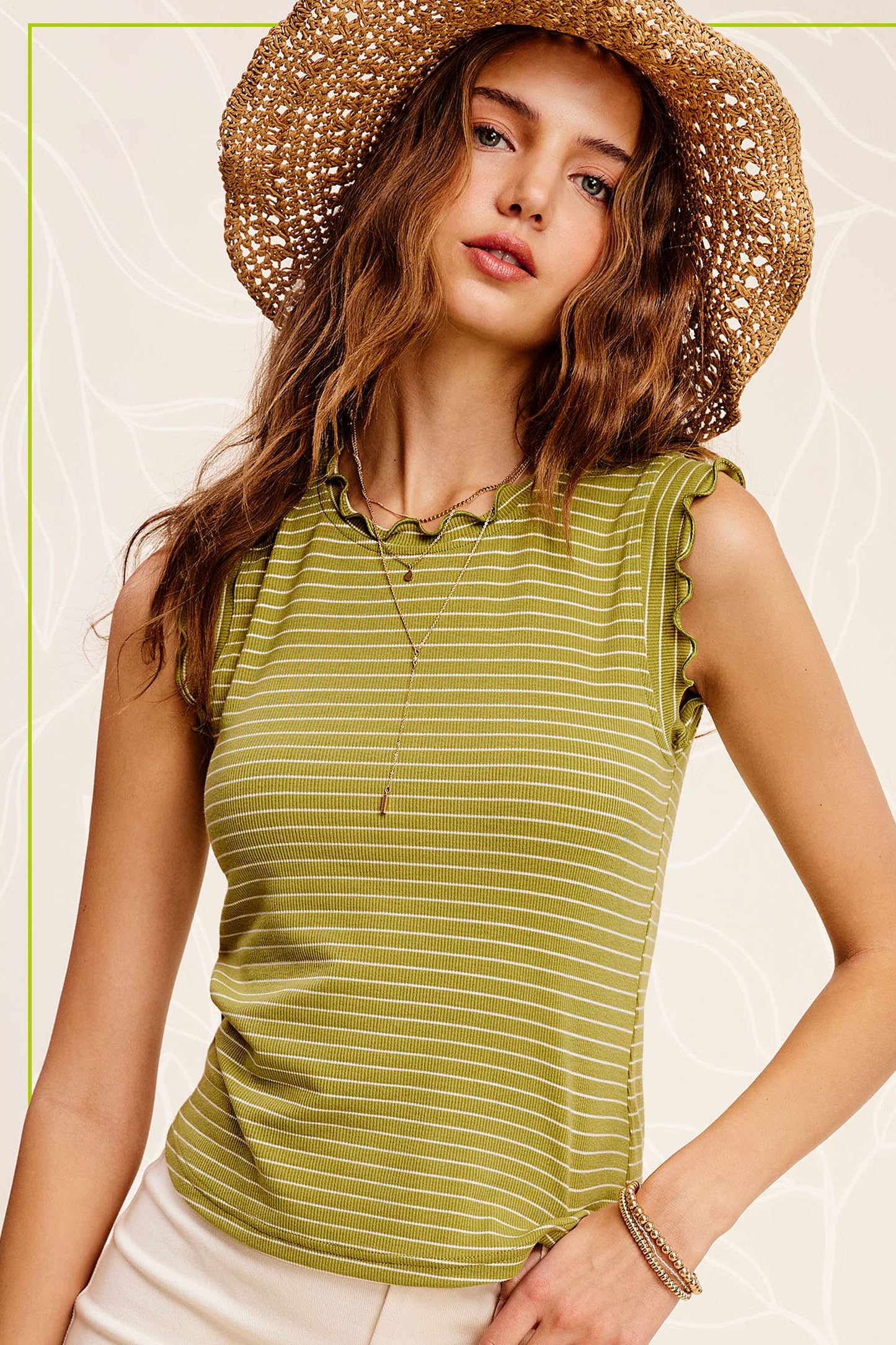 HCT7692-Stretchy Brushed Ruffle Sleeve Stripe Tank Top