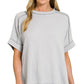 8451 Textured Line Short Cuff Sleeve Raw Edge Top