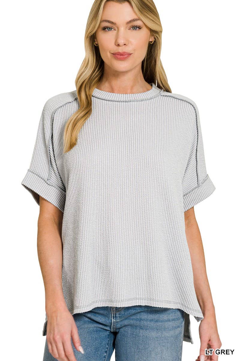 8451 Textured Line Short Cuff Sleeve Raw Edge Top