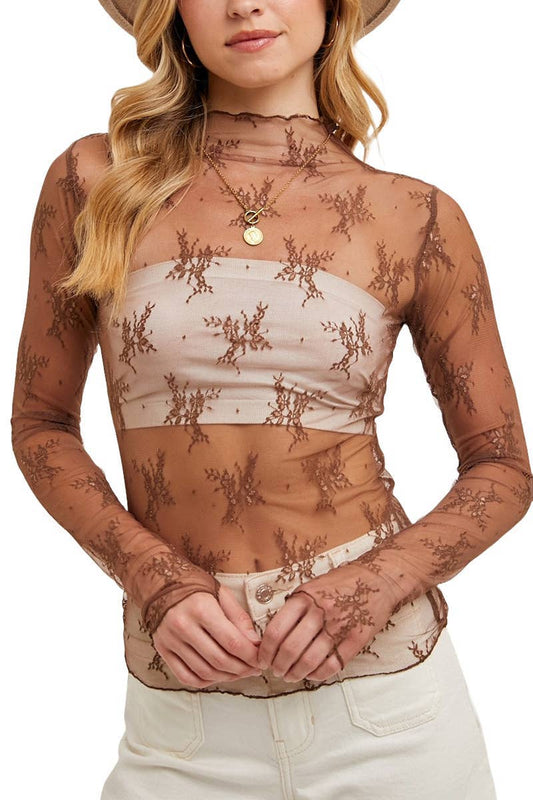 Shirts Women’s Floral Embroidery Lace Mesh Top