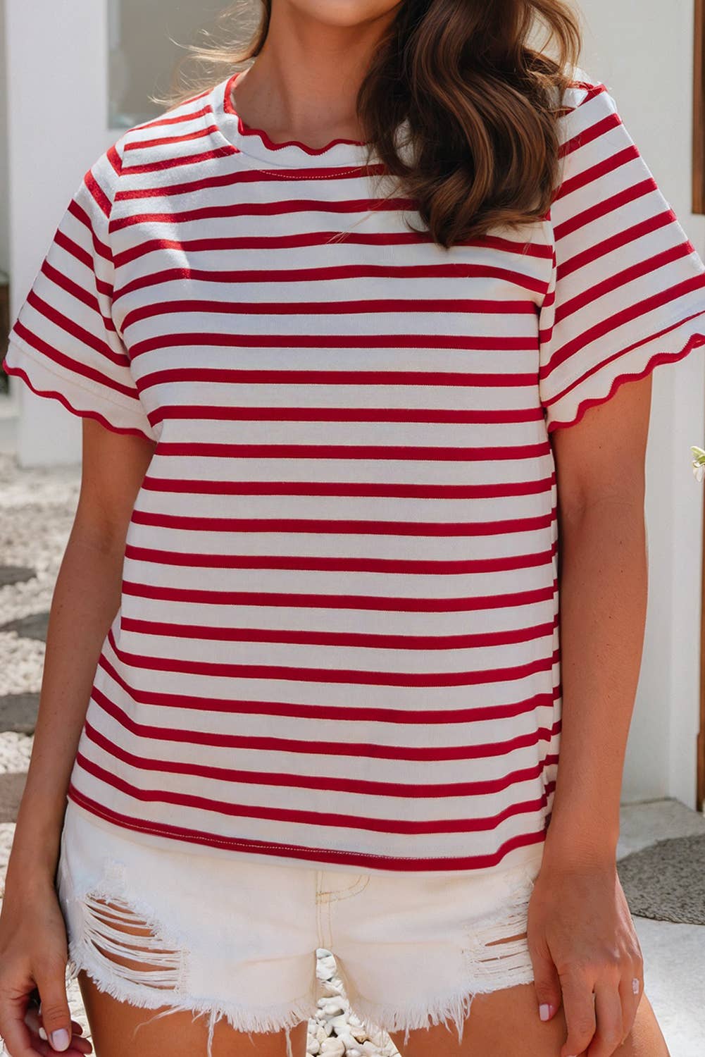 Shirts Women’s LDC Spring Scalloped Trim Round Neck Stripe T Shirt P219 P319