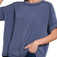 8451 Textured Line Short Cuff Sleeve Raw Edge Top