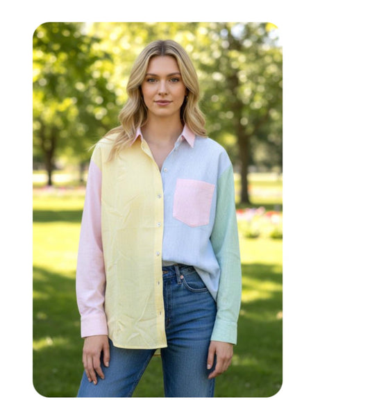 20681 Shirt Women’s Color Blocked Long Sleeve Button Top