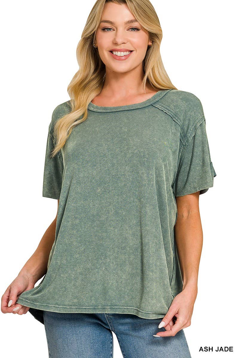 8393A Washed Ribbed Short Sleeve Boat-neck Top