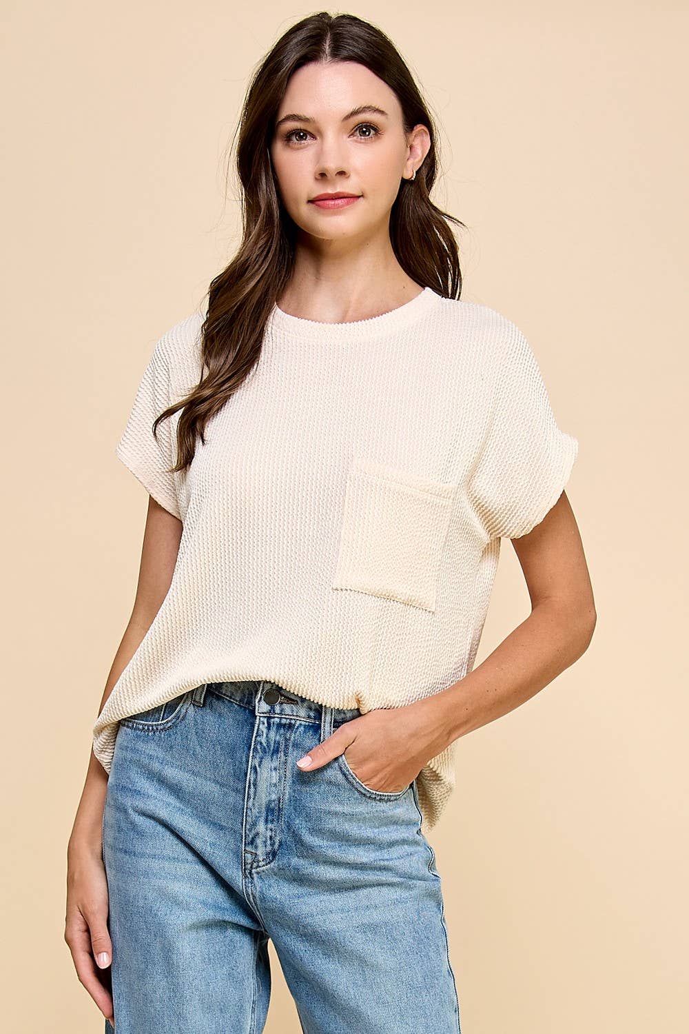 T1641 Solid Ribbed Top With Pockets L1E-T1641