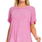 8393A Washed Ribbed Short Sleeve Boat-neck Top