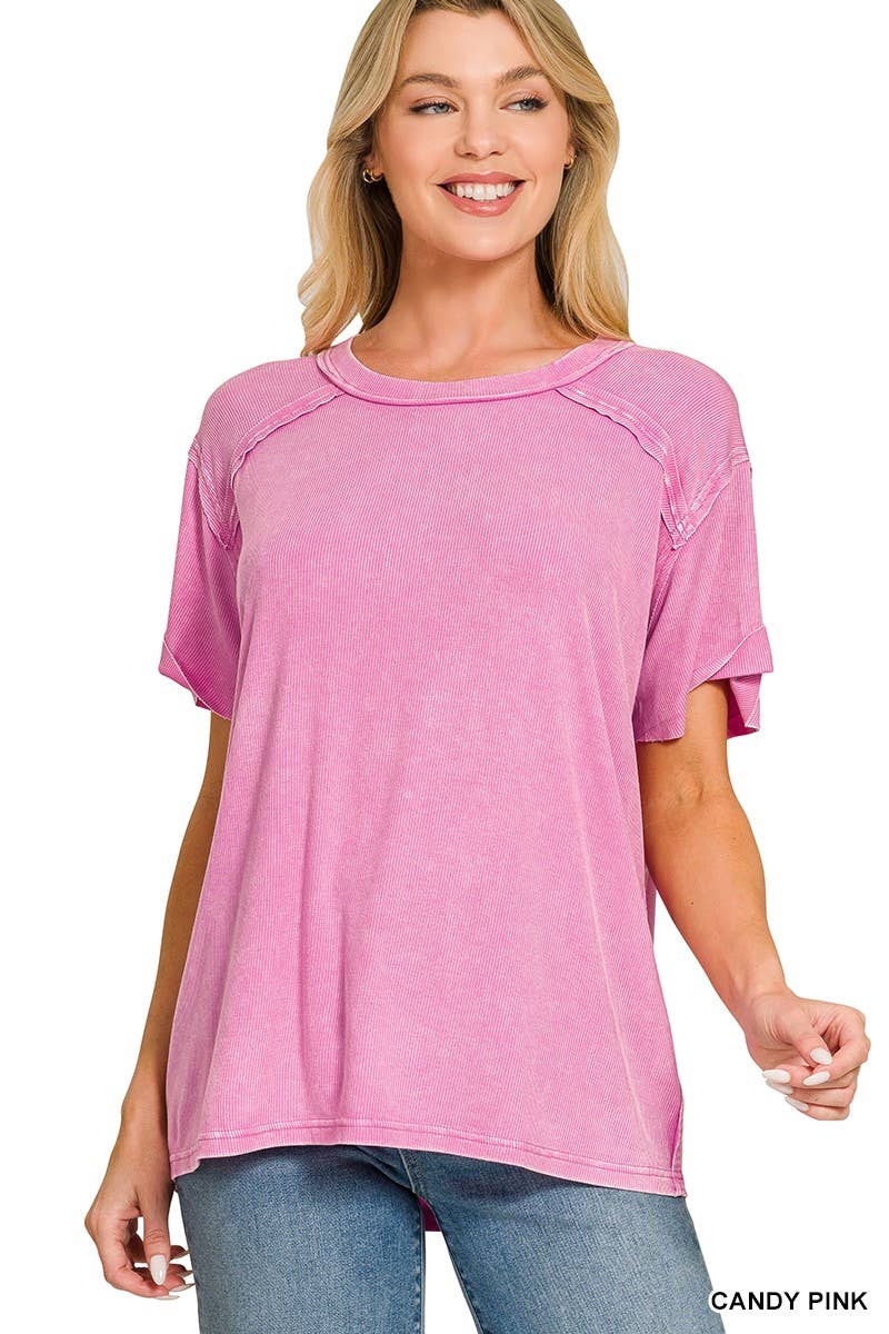 8393A Washed Ribbed Short Sleeve Boat-neck Top