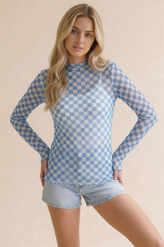 7127 High Neck Checker Mesh Semi Sheer Top HT7127F