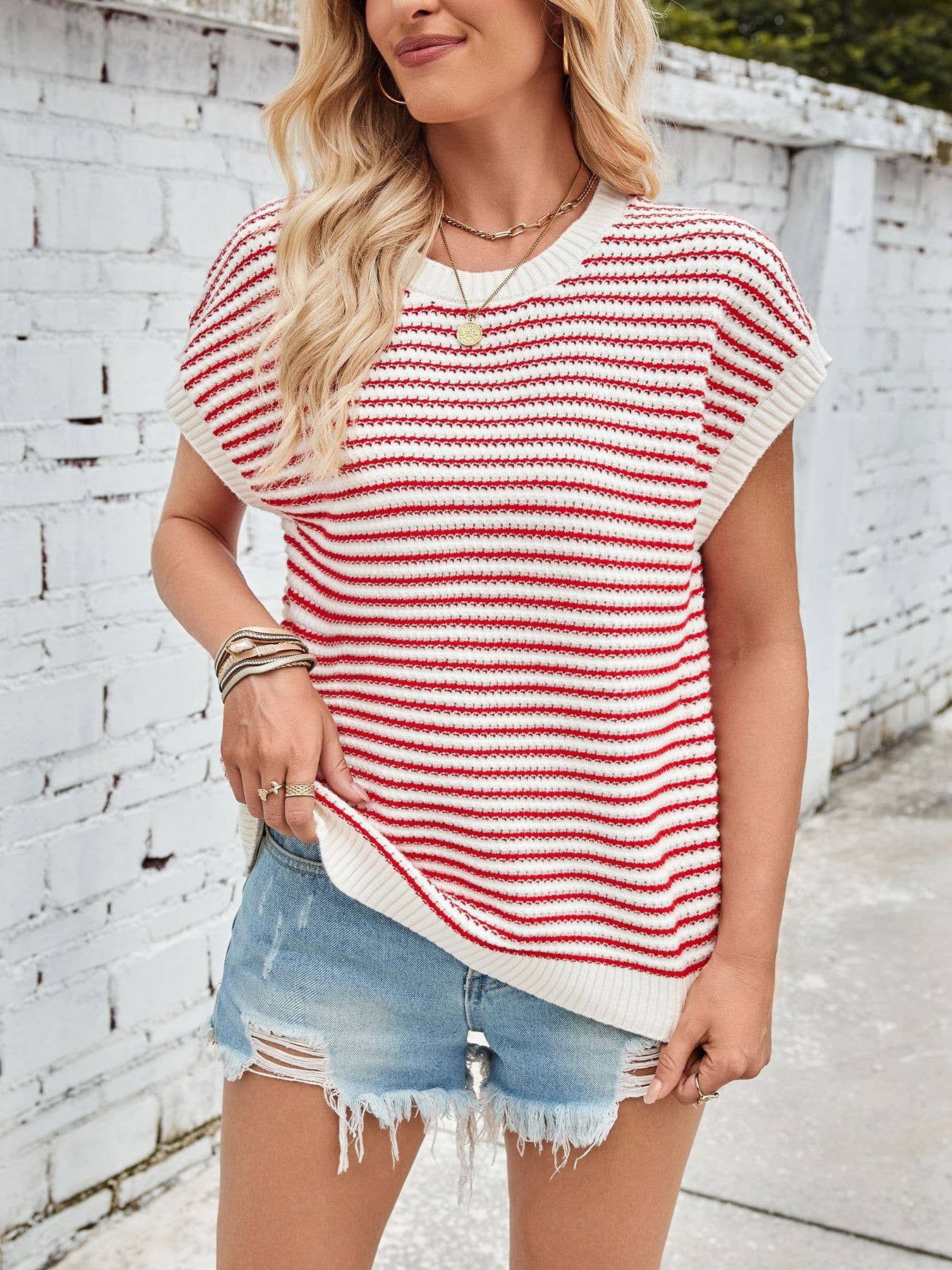 Knit Striped Batwing Sleeve Sweater SW1275