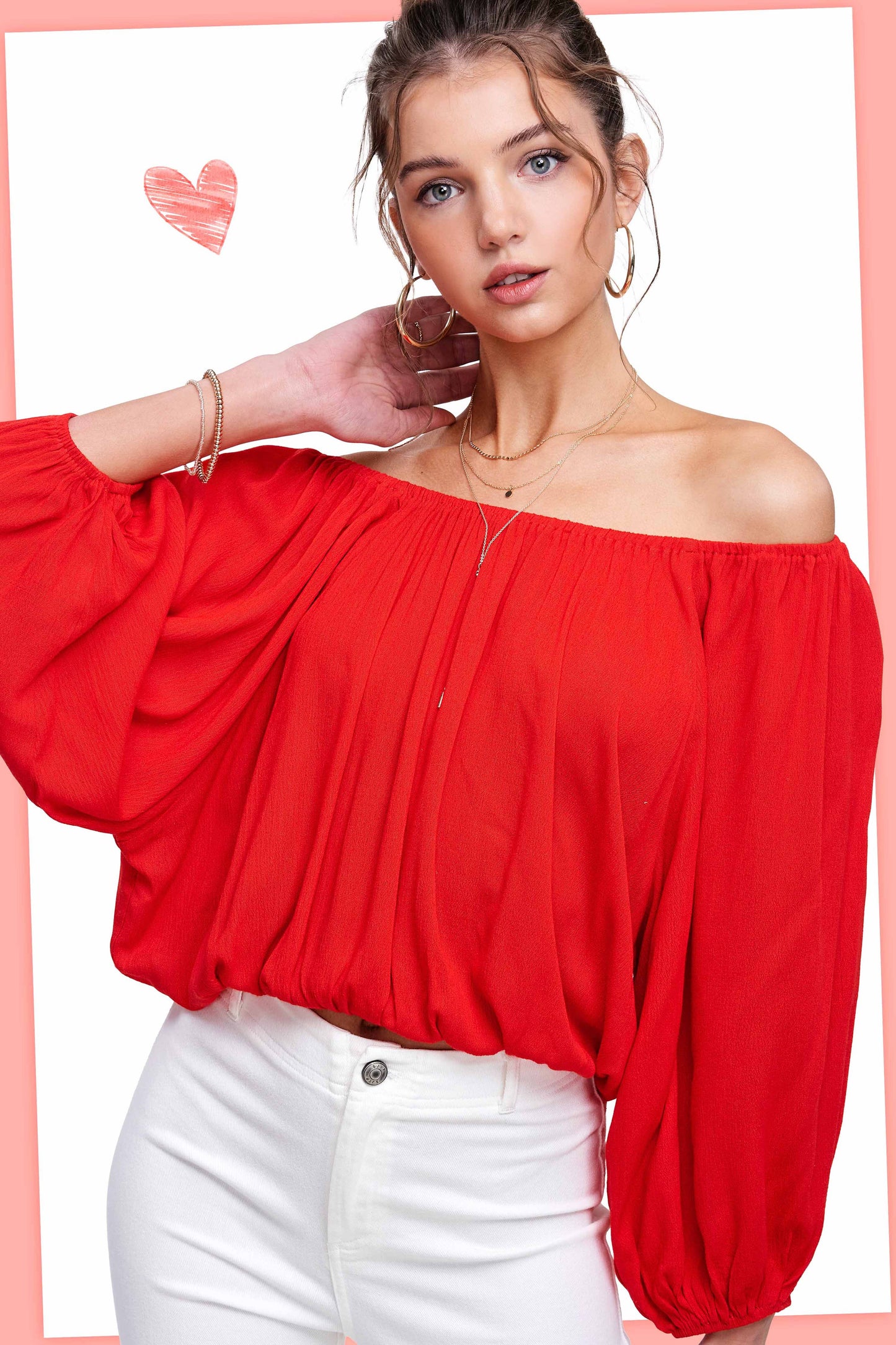 HAT7501 Breathable Fabric Off Shoulder Balloon Sleeve Top Women’s Shirts