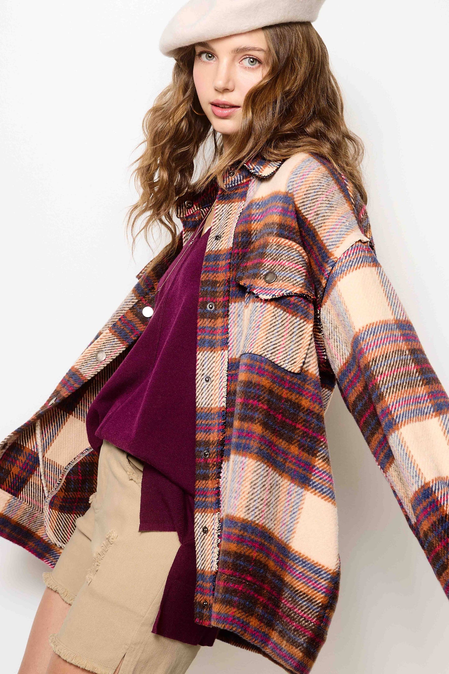 Outerwear Loose Fit Plaid Button Down Shacket with  Pockets JKT1797
