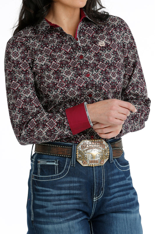 Shirts Women’s Cinch Burgundy and Black Geo Print Long Sleeve Button Up MSW9165042