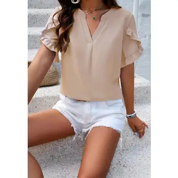 Shirts Women’s V Neck Ruffle Blouse Khaki W20507399