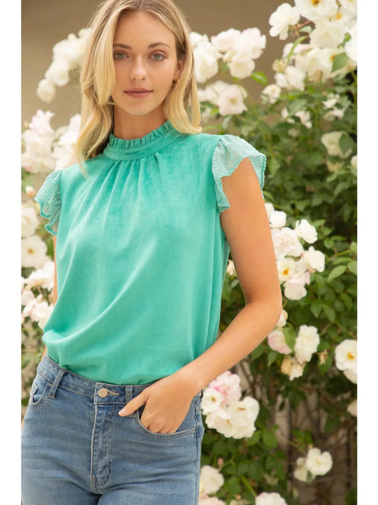 Shirts Women’s Short Sleeve Burnout Ruffle Sleeve Suede 32112-3