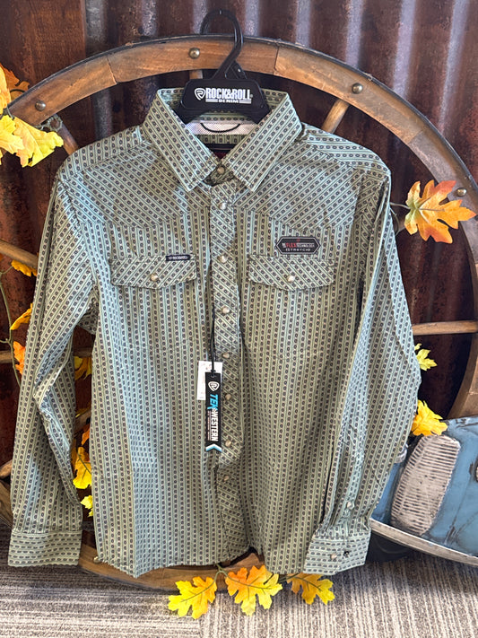 Shirts Men’s Rock&Roll Tek Western Green Long Sleeve Pearl Snap BMN2S09467