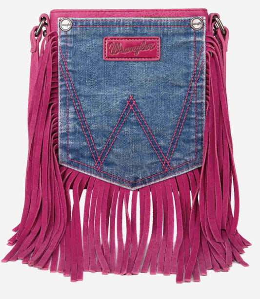 Purses Wrangler Leather Fringe Jean Denim Pocket Brown WG44-8360HPK