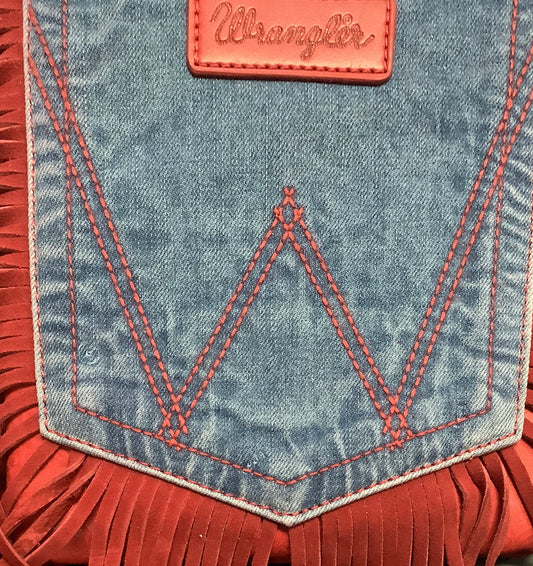 Purses Wrangler Leather Fringe Jean Denim Pocket Brown WG44-8360RD