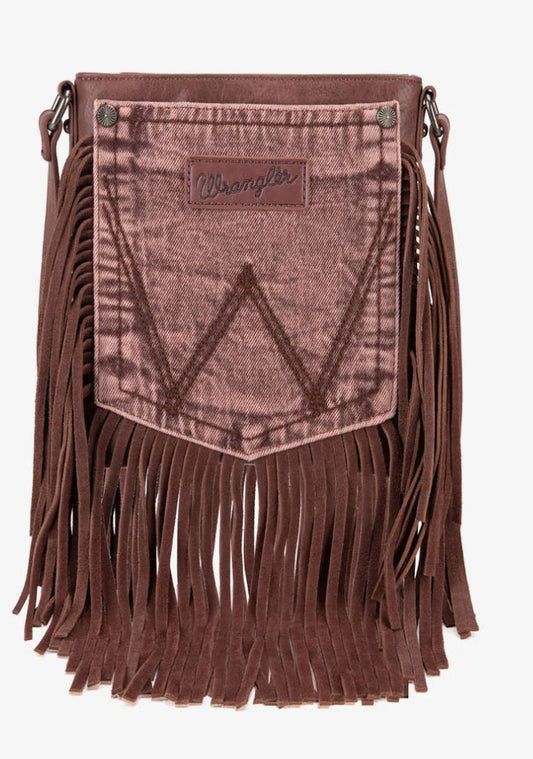 Purses Wrangler Leather Fringe Jean Denim Pocket Brown WG44-8360LCF