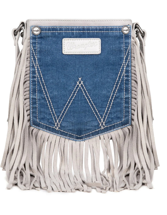 Purses Wrangler Leather Fringe Jean Denim Pocket Crossbody White WG44-8360BG