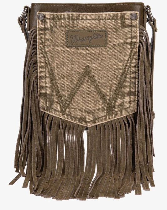 Purses Wrangler Leather Fringe Jean Denim Pocket Brown WG44-8360GN
