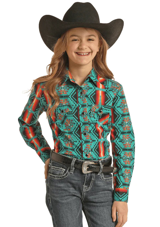 Shirts Kids Girls Rock and Roll Teal Aztec Snap Up RRGSOSRZ15