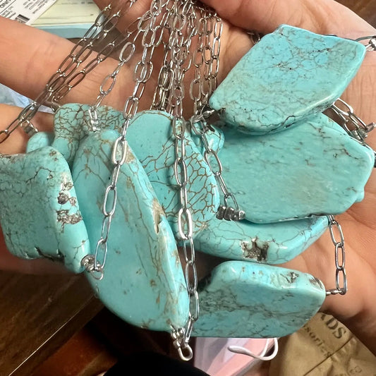 Jewelry 14 inch Slab Magnesite Turquoise Choker on Silver Chain Accessories CHO-CHA-023-MAG