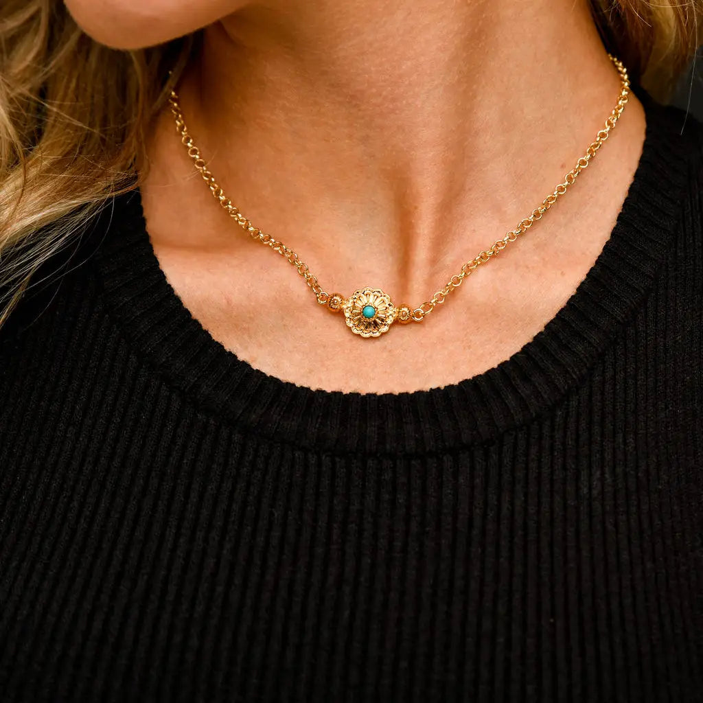 Jewelry 16" Gold Chain Necklace with Flower Concho Pendant N1290G