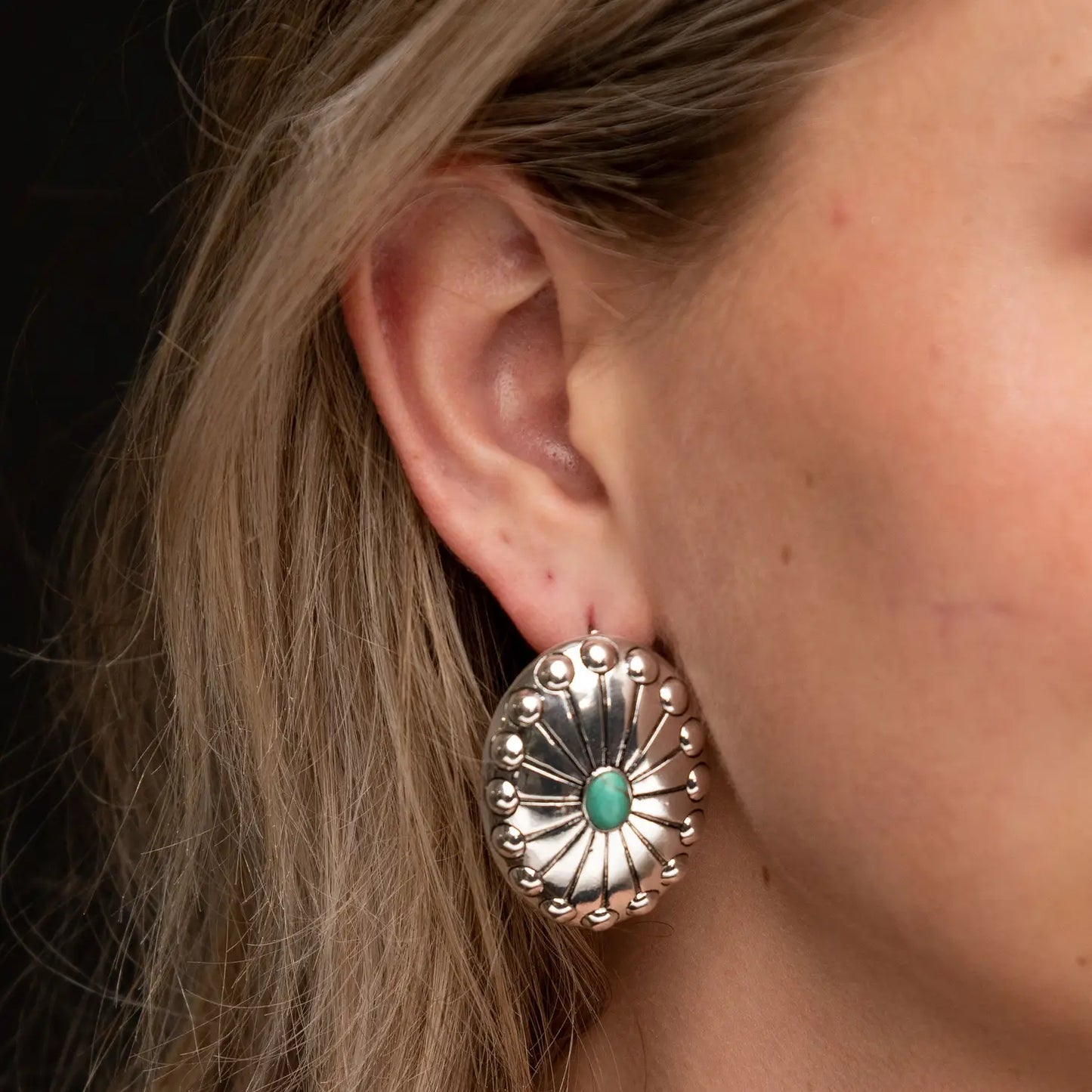 Jewelry Burnished Silver Studded Concho Earring w/ Turquoise Accent E651TQ