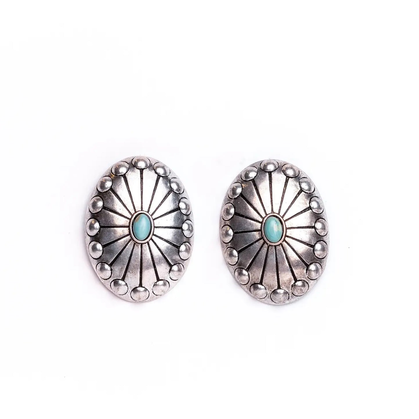 Jewelry Burnished Silver Studded Concho Earring w/ Turquoise Accent E651TQ