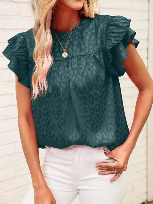 Shirts Women’s Leopard Print Ruffle Sleeve CWTBLSL0444