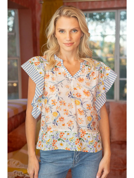 Shirts Women’s Ruffle V Floral Stripe Top 35289