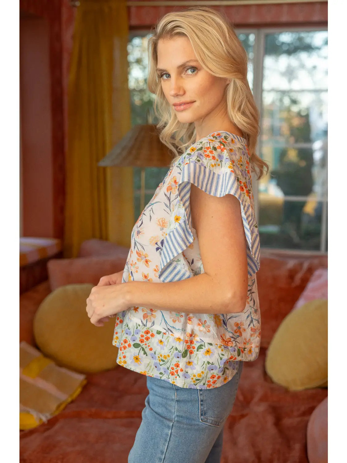 Shirts Women’s Ruffle V Floral Stripe Top 35289
