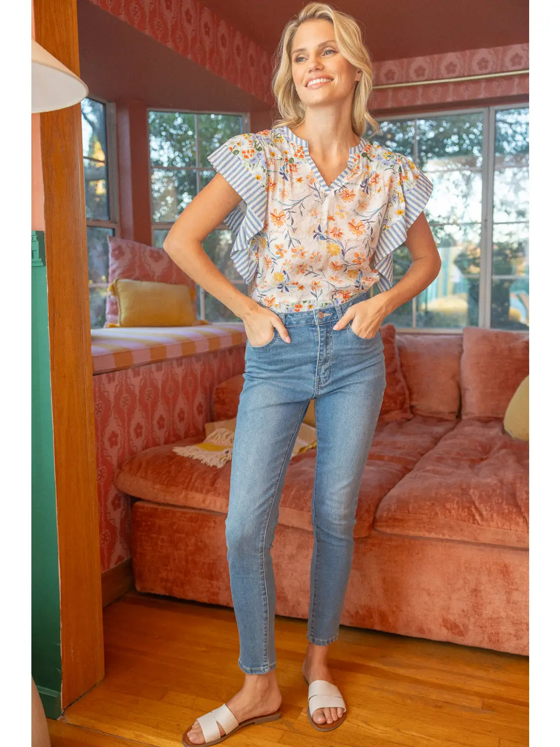 Shirts Women’s Ruffle V Floral Stripe Top 35289