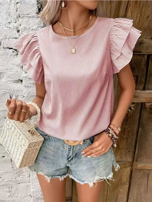 Shirts Women’s Striped Short Sleeve Ruffle Blouse W20510233