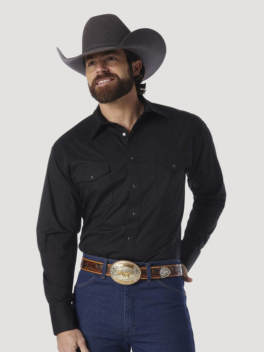 Shirts Men’s Wrangler Long Sleeve Solid Black Pearl Snap