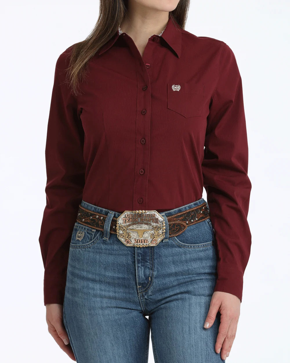 Shirts Women’s Cinch Stretch Long Sleeve Solid Color Burgundy MSW9164262