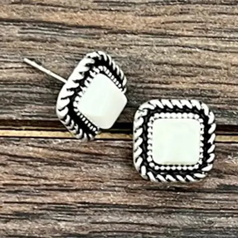 723865 6mm Square White Turquoise Stud Earrings