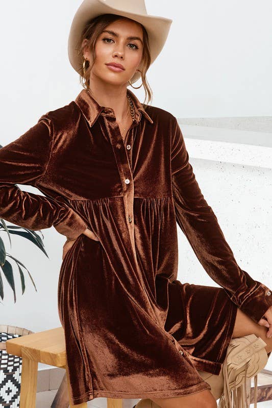HCD9315-Soft Velvety Button Down Collar Dress