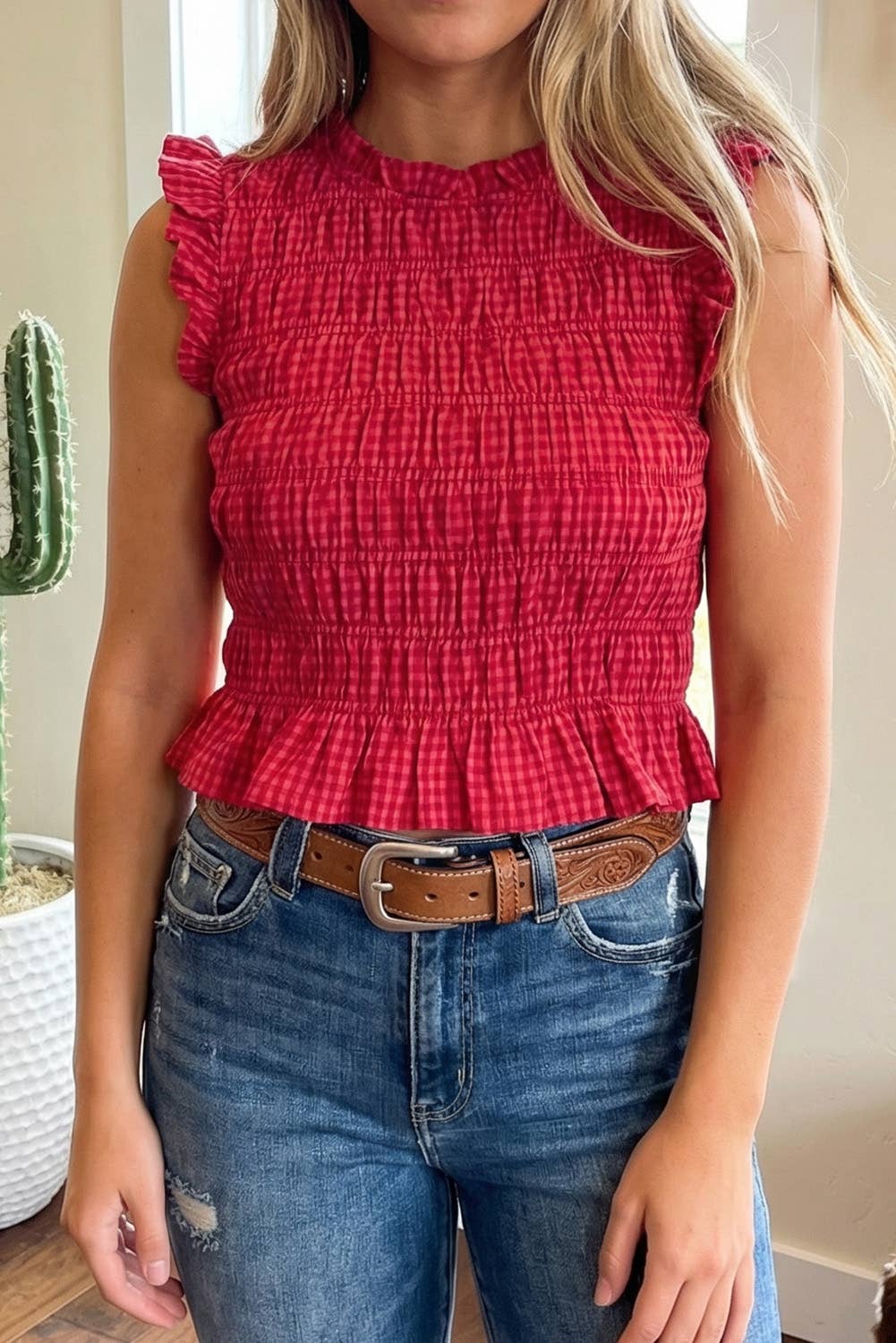 Shirts Women’s  Plaid Shirred Ruffle Trim Tank Top
