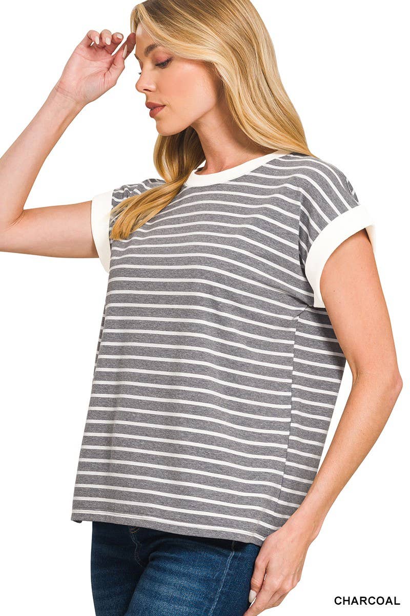 3534 Contrast Trim Cap Sleeve Stripe Tee CT-3543Y