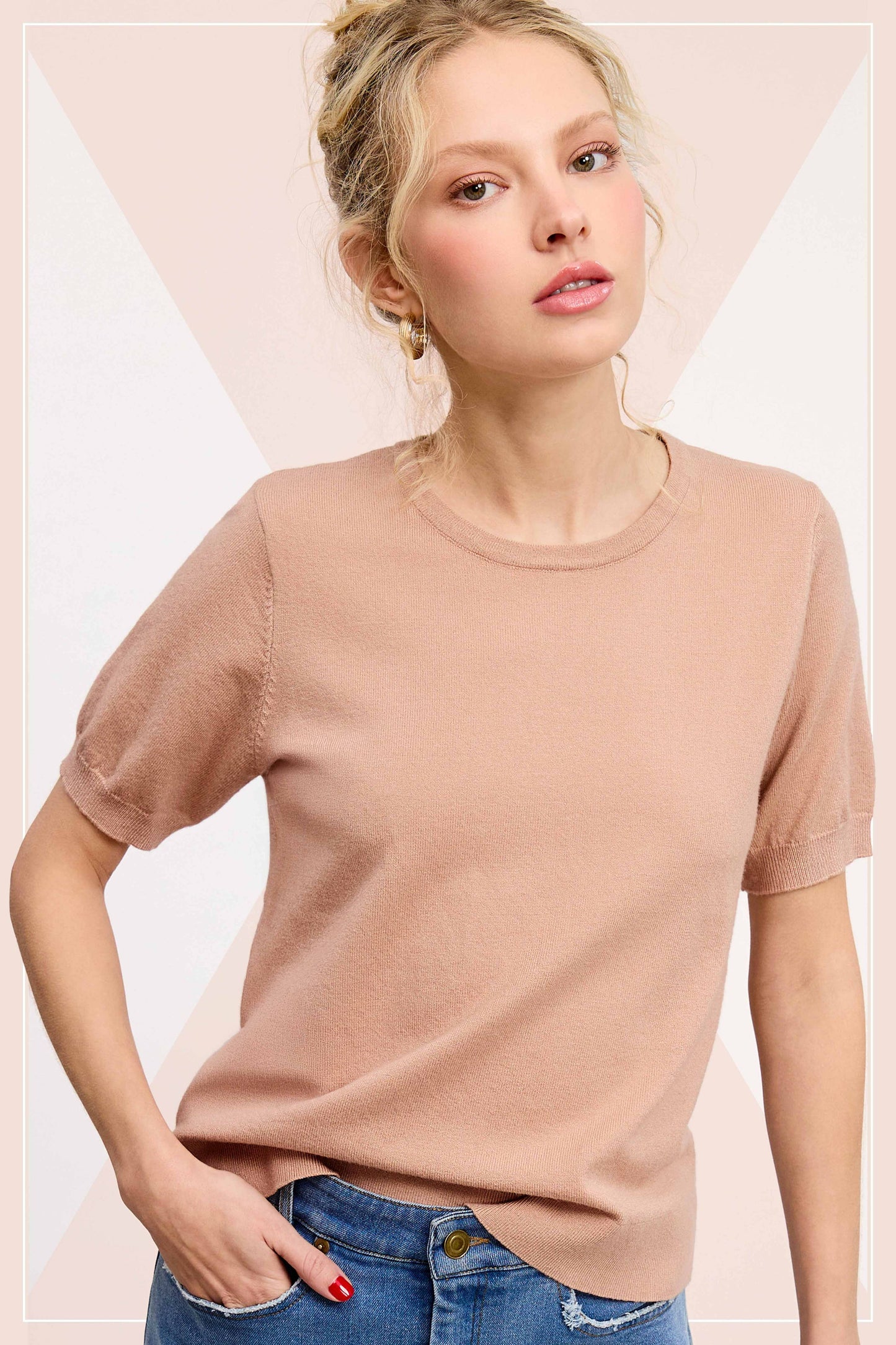 Soft Short Puffy Sleeve Basic Stretchy Knit Top MCS3600