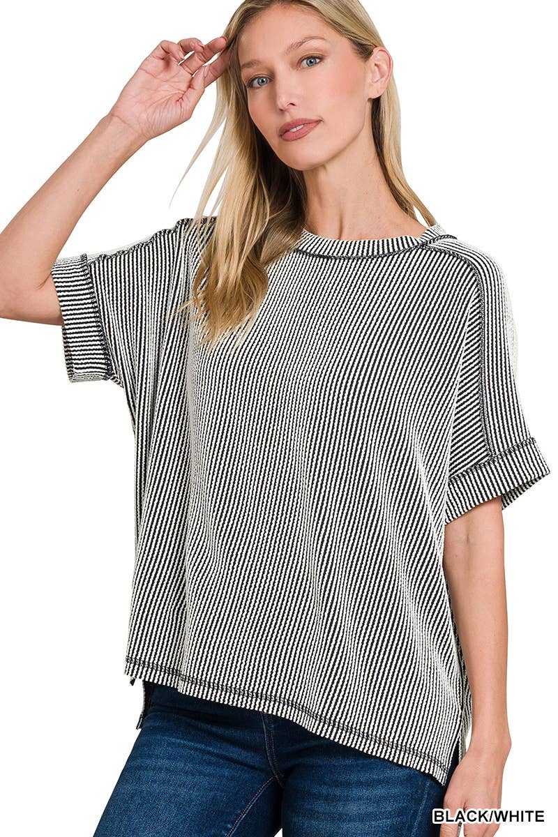 8451 Textured Line Short Cuff Sleeve Raw Edge Top